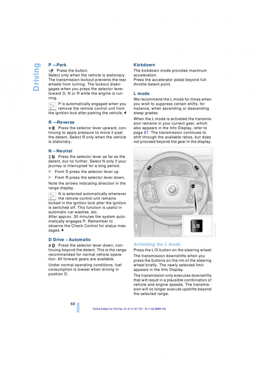 BMW 7 E65 owners manual / page 70