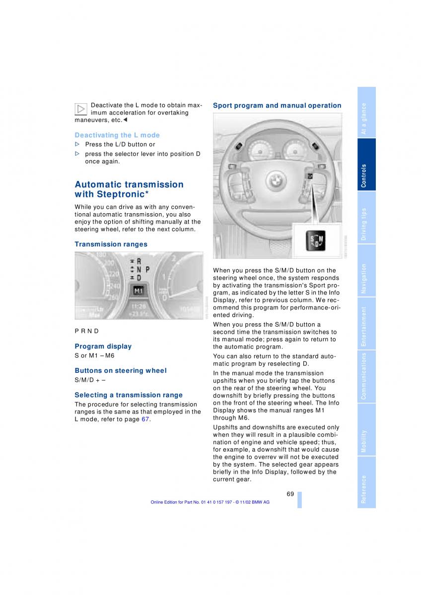 BMW 7 E65 owners manual / page 71