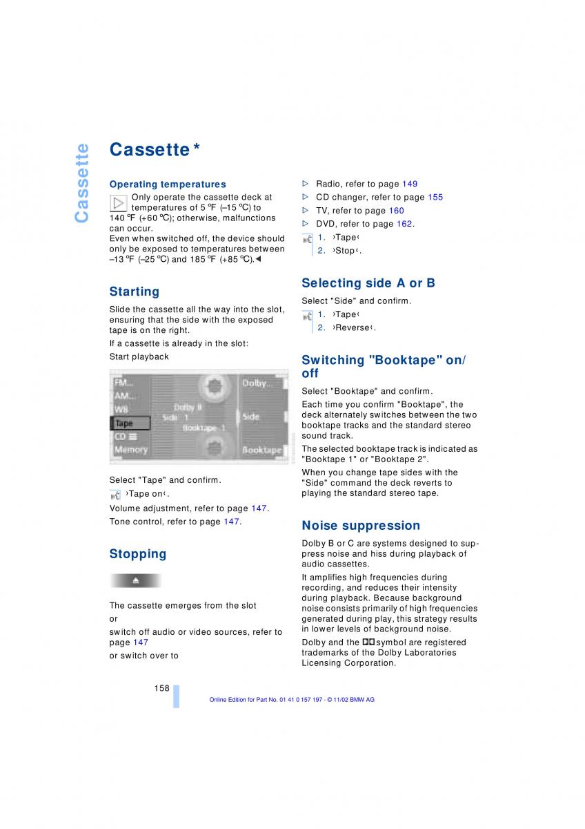 BMW 7 E65 owners manual / page 160