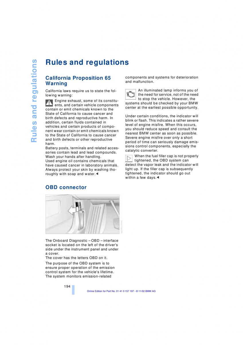 BMW 7 E65 owners manual / page 196