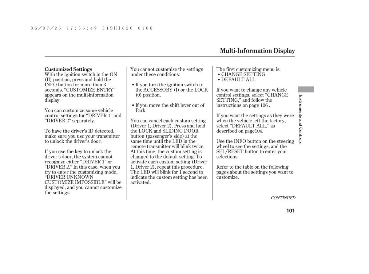 Honda Odyssey III 3 owners manual / page 107