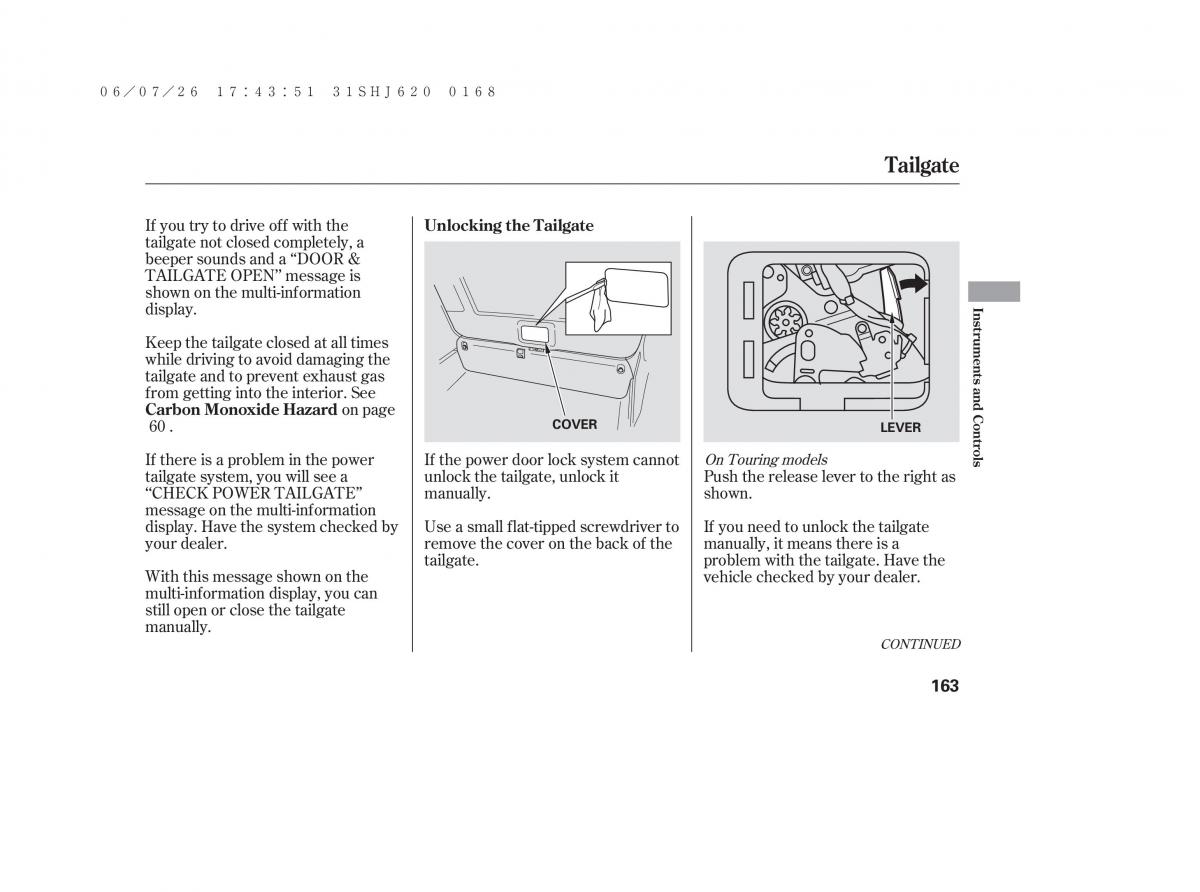 Honda Odyssey III 3 owners manual / page 169