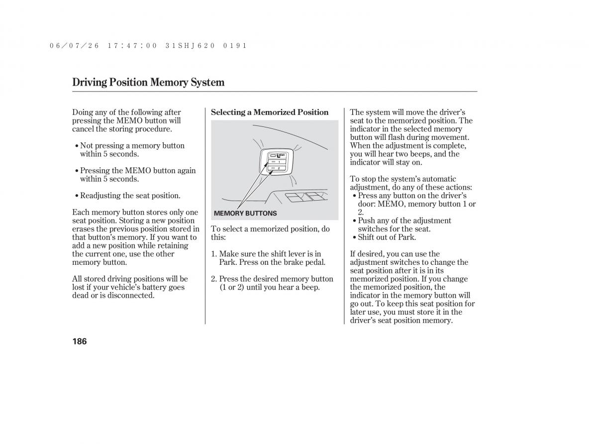 Honda Odyssey III 3 owners manual / page 192