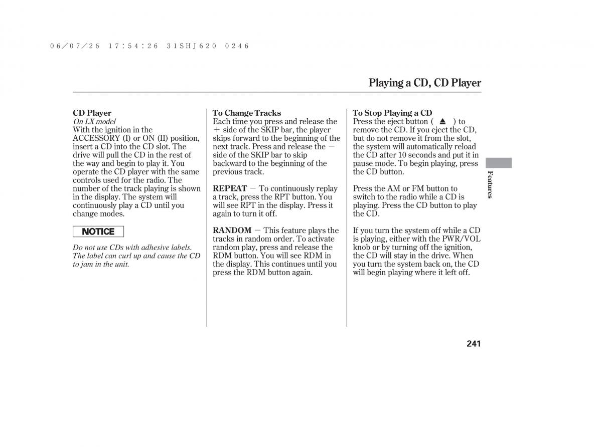 Honda Odyssey III 3 owners manual / page 247