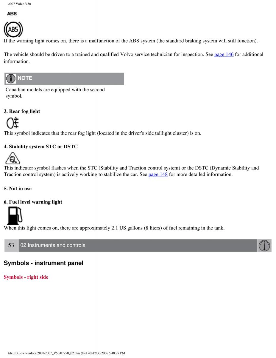 Volvo V50 owners manual / page 58