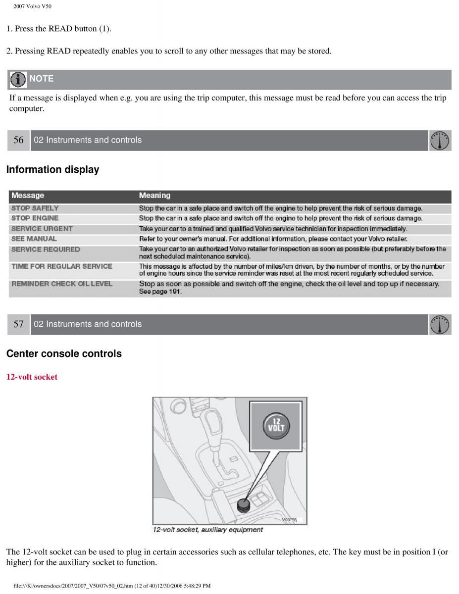 Volvo V50 owners manual / page 62