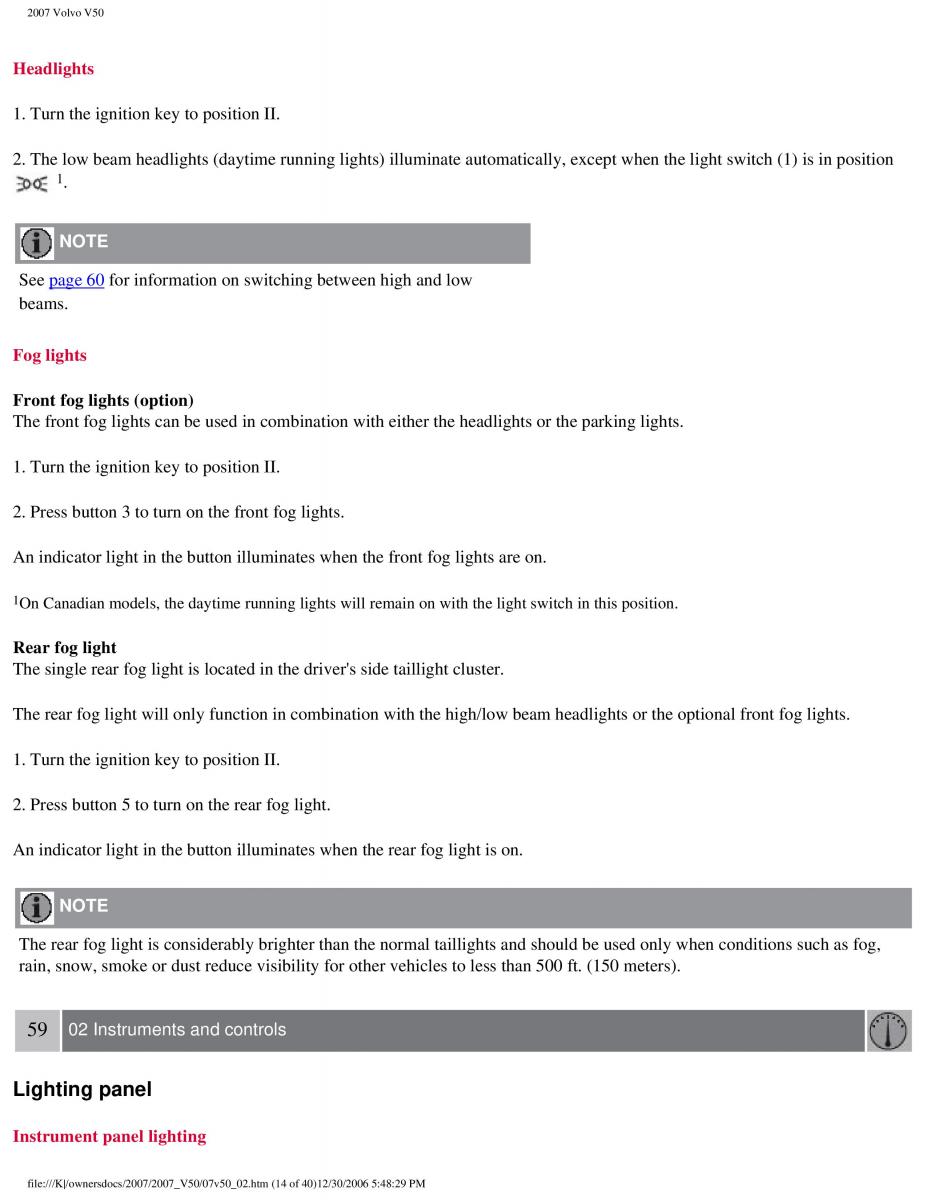 Volvo V50 owners manual / page 64