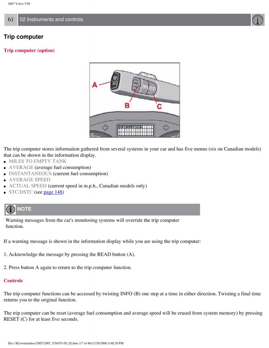 Volvo V50 owners manual / page 67