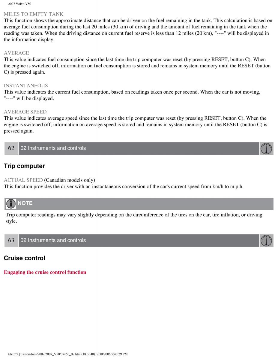 Volvo V50 owners manual / page 68