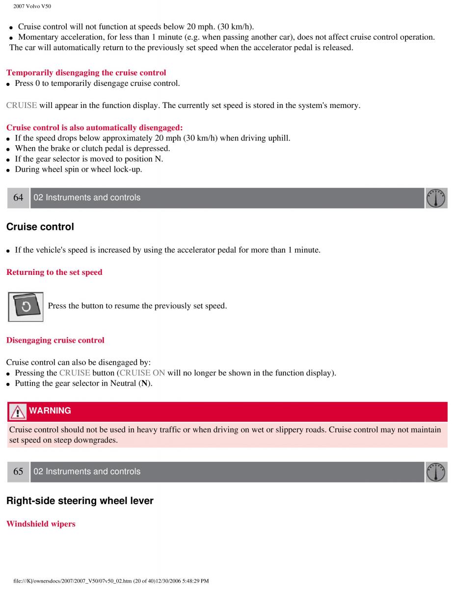 Volvo V50 owners manual / page 70