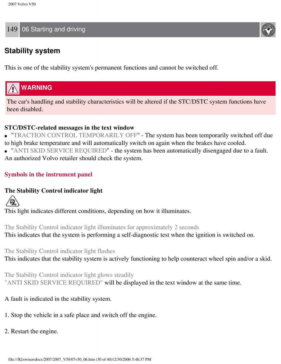 Volvo V50 owners manual / page 167