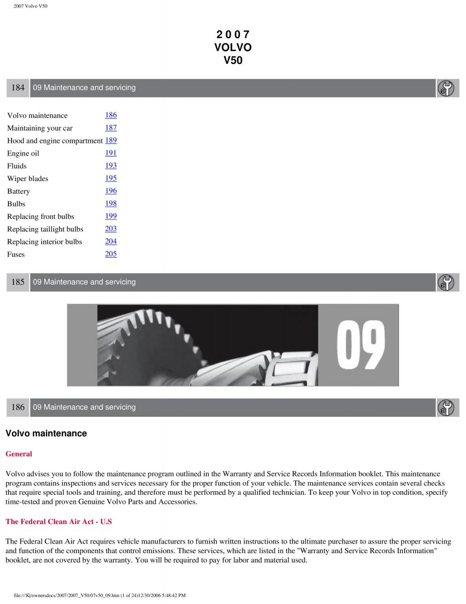 Volvo V50 owners manual / page 207