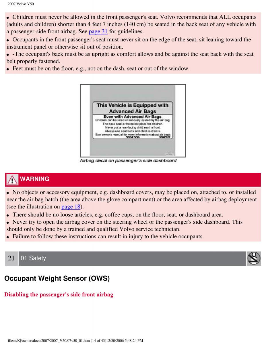 Volvo V50 owners manual / page 21