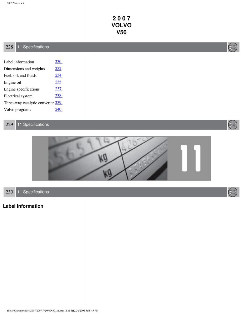 Volvo V50 owners manual / page 254