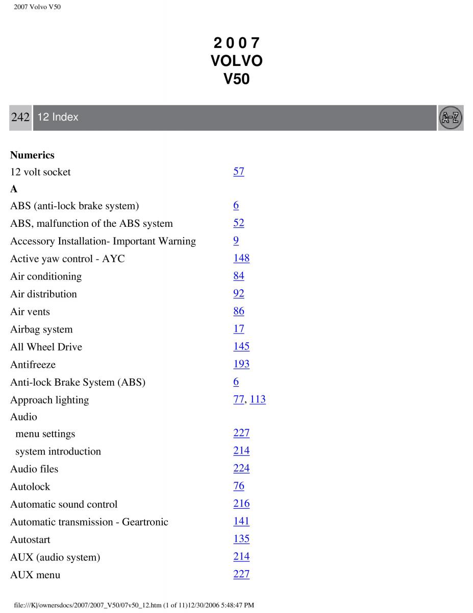 Volvo V50 owners manual / page 262