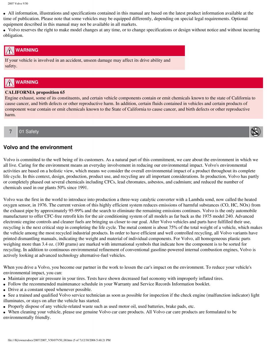 Volvo V50 owners manual / page 5