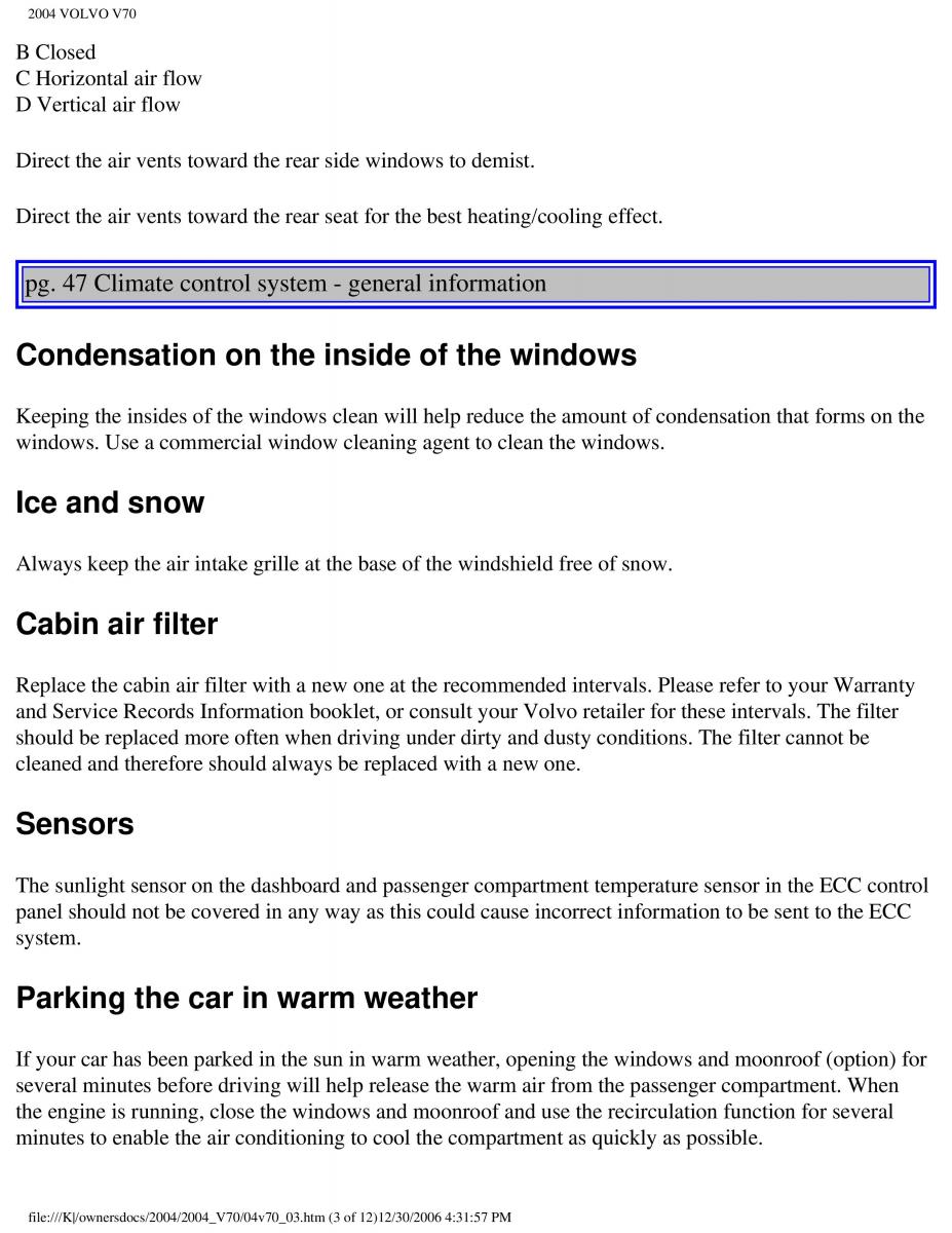 manual  Volvo V70 II 2 owners manual / page 73