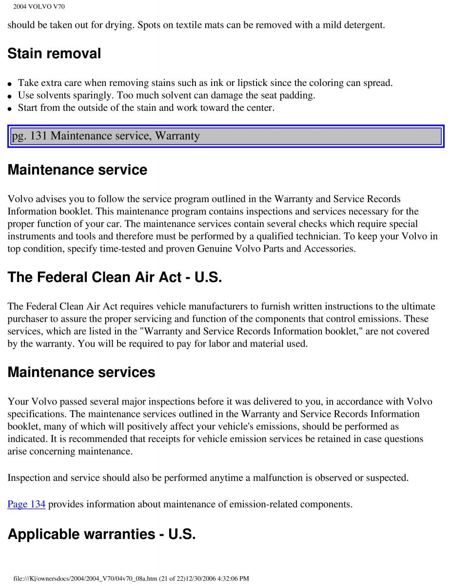 manual  Volvo V70 II 2 owners manual / page 191