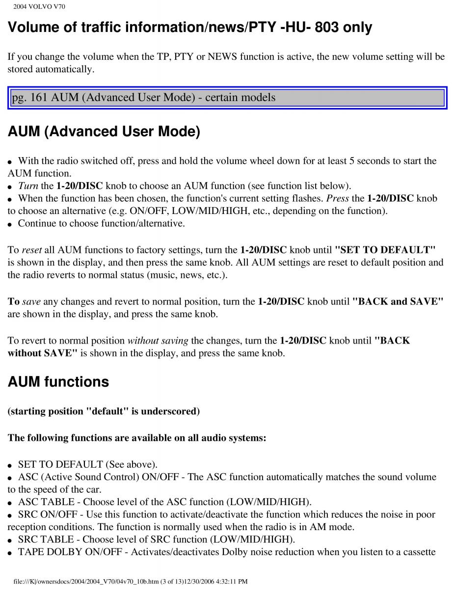 manual  Volvo V70 II 2 owners manual / page 233