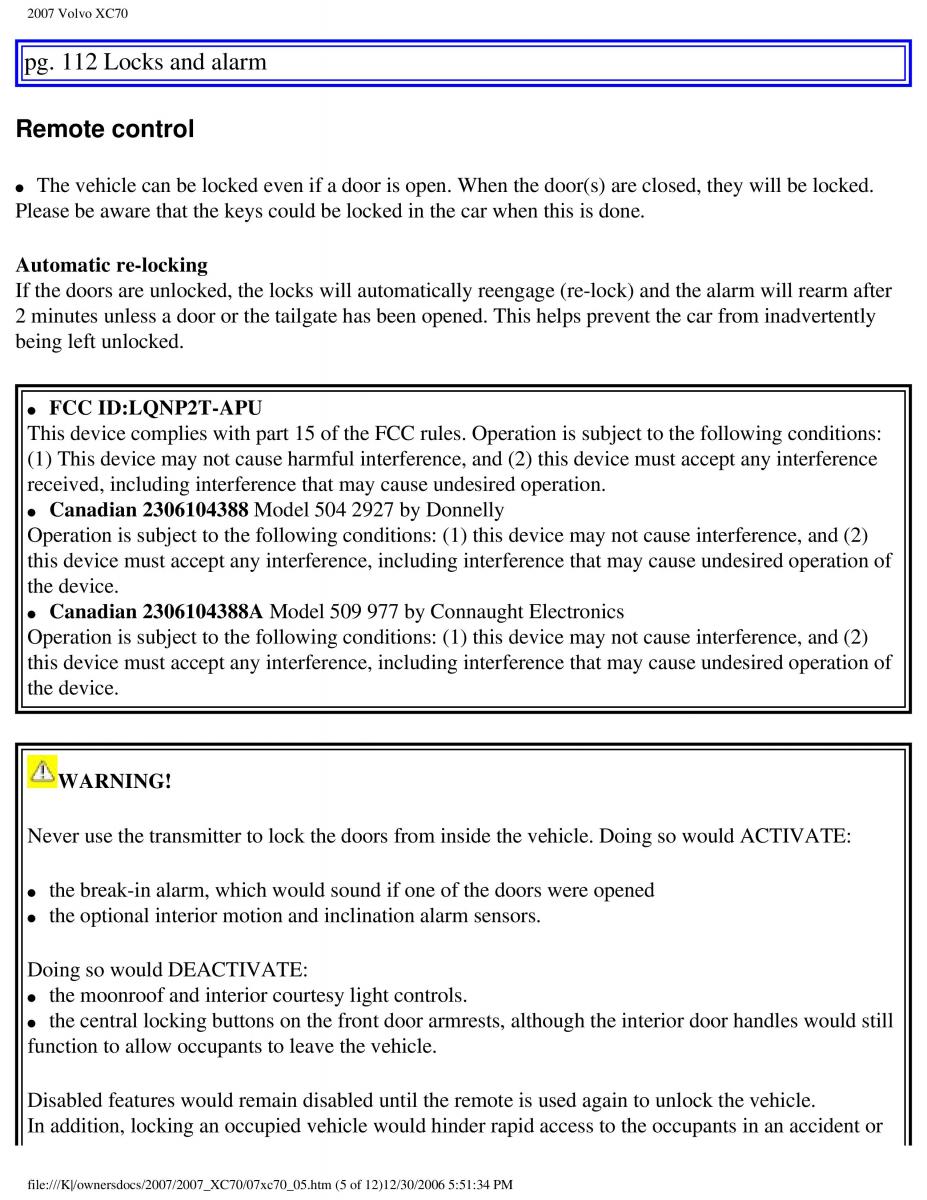 Volvo XC70 Cross Country 2007 owners manual / page 124