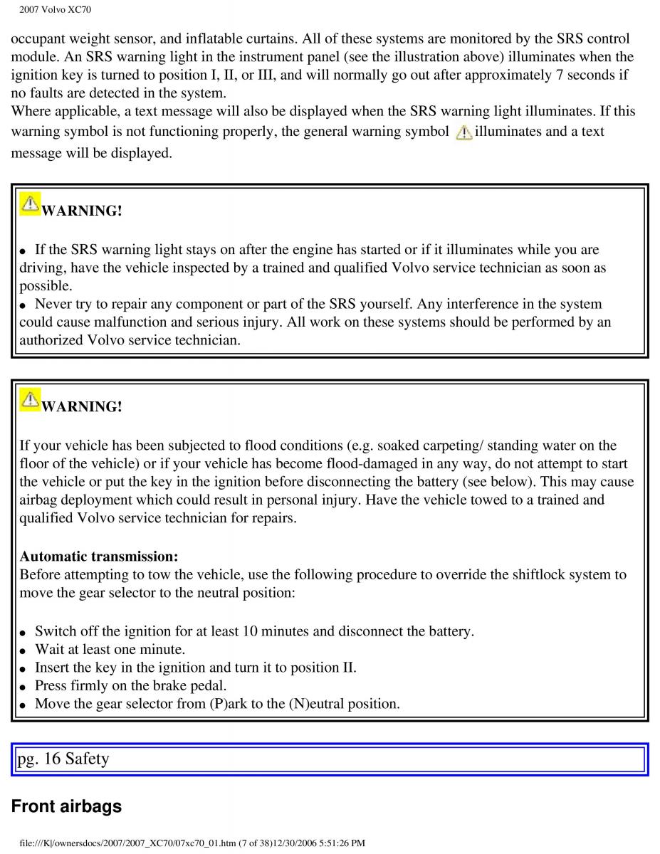 Volvo XC70 Cross Country 2007 owners manual / page 13