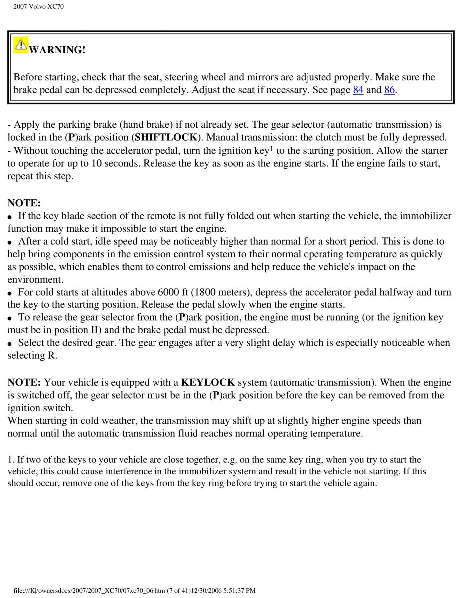 Volvo XC70 Cross Country 2007 owners manual / page 138