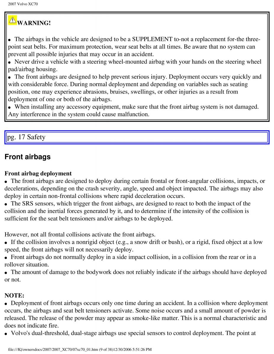 Volvo XC70 Cross Country 2007 owners manual / page 15