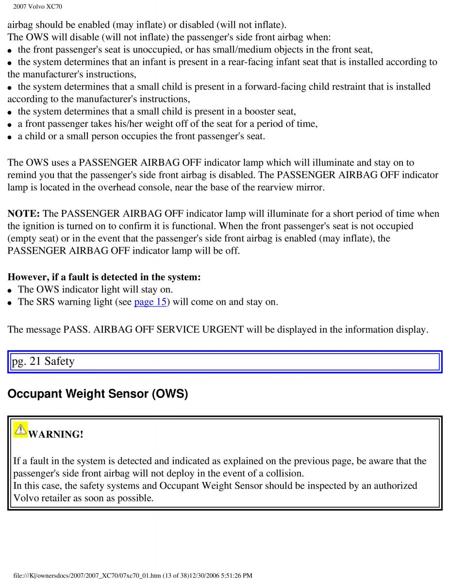 Volvo XC70 Cross Country 2007 owners manual / page 19