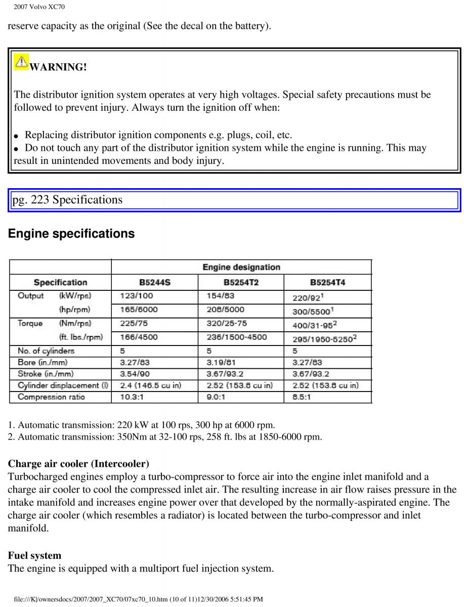 Volvo XC70 Cross Country 2007 owners manual / page 251