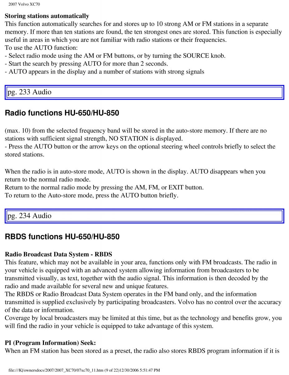 Volvo XC70 Cross Country 2007 owners manual / page 261