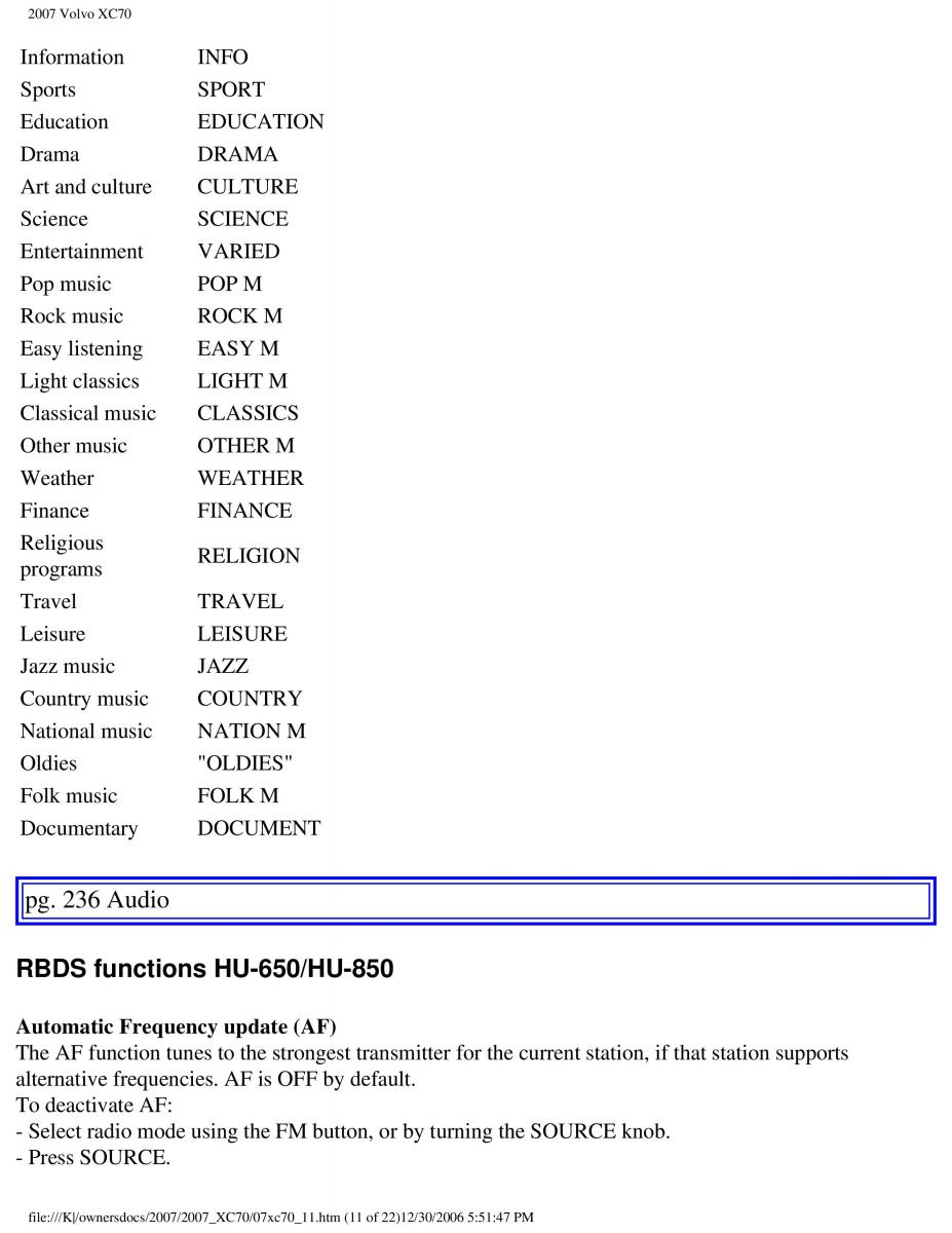 Volvo XC70 Cross Country 2007 owners manual / page 263