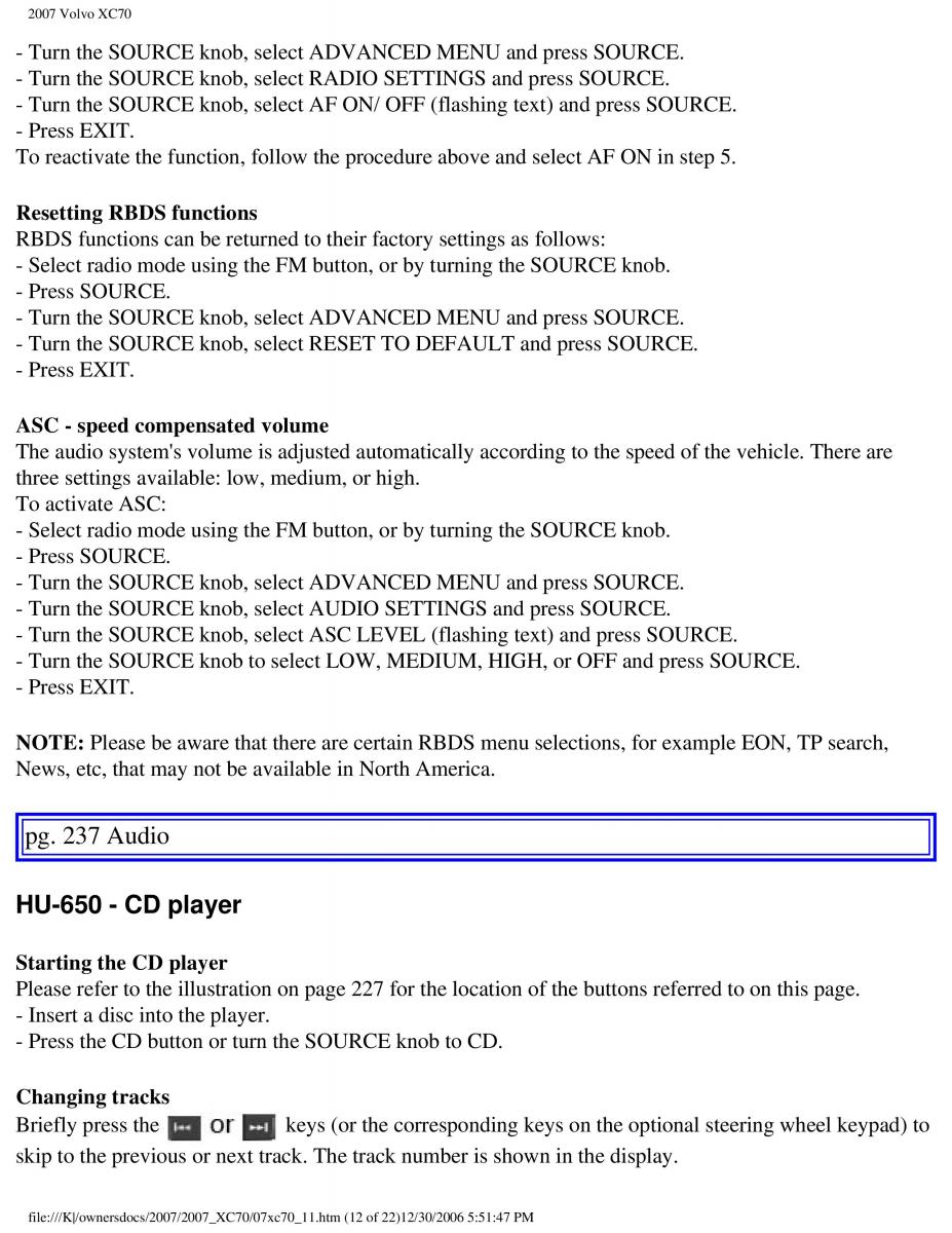 Volvo XC70 Cross Country 2007 owners manual / page 264