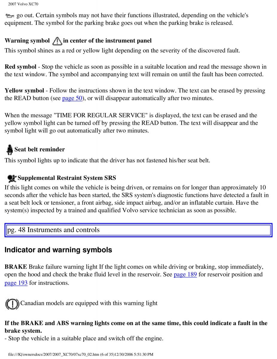 Volvo XC70 Cross Country 2007 owners manual / page 50