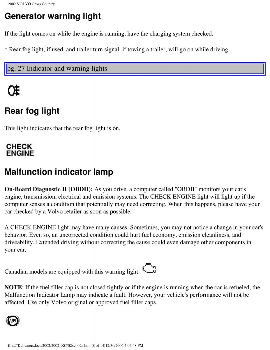 Volvo XC70 Cross Country owners manual / page 43