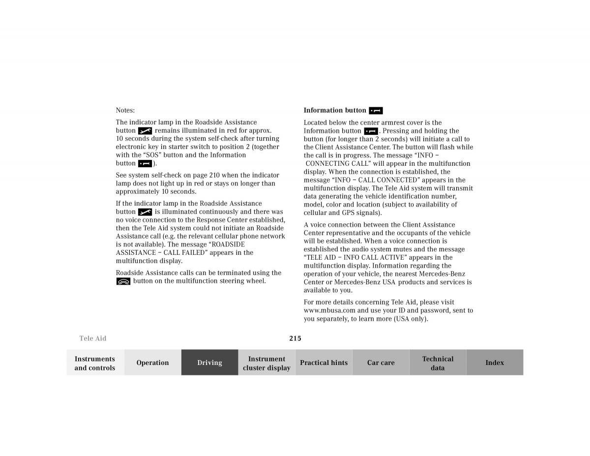 Mercedes Benz CL C215 2000 owners manual / page 220