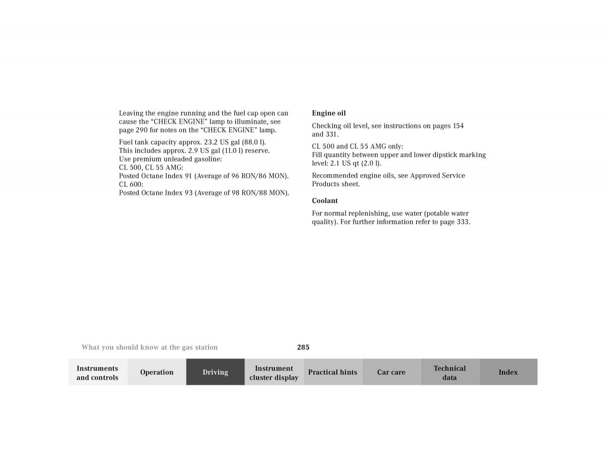 Mercedes Benz CL C215 2000 owners manual / page 290