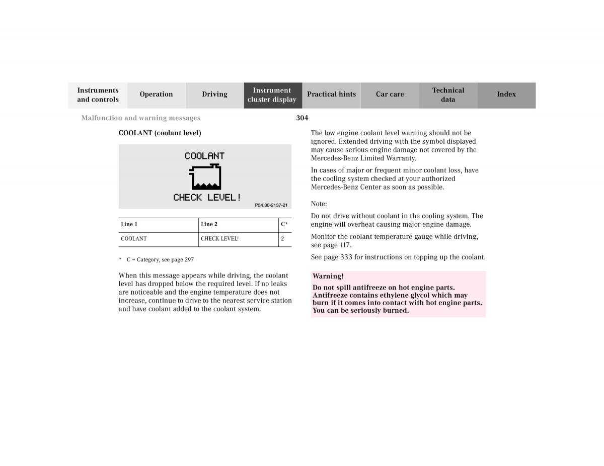 Mercedes Benz CL C215 2000 owners manual / page 310