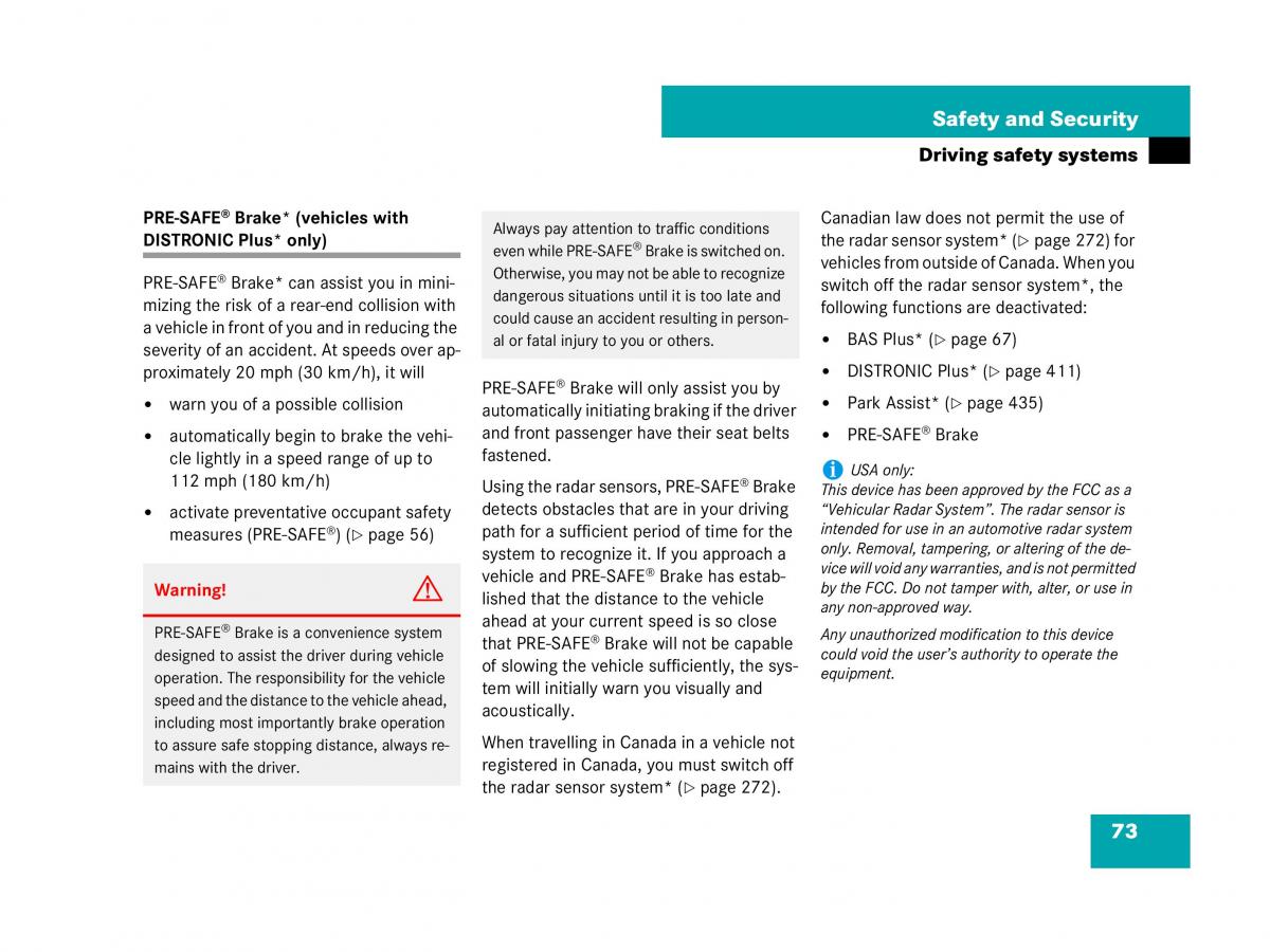 Mercedes Benz CL C216 owners manual / page 74