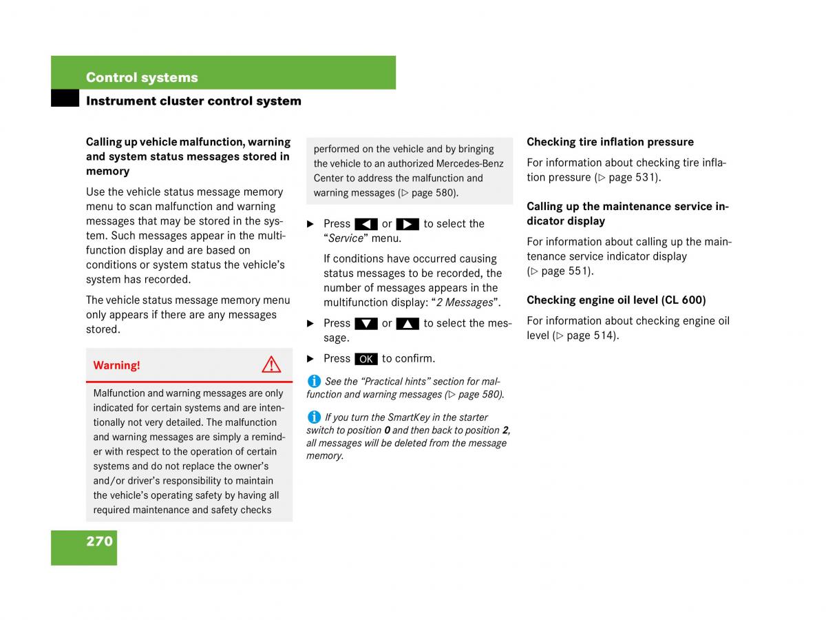 Mercedes Benz CL C216 owners manual / page 271