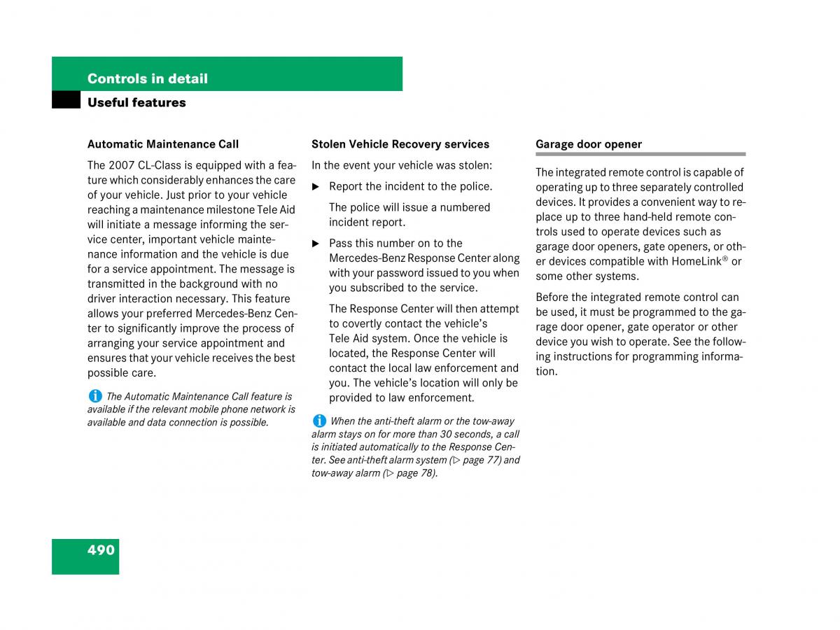 Mercedes Benz CL C216 owners manual / page 491