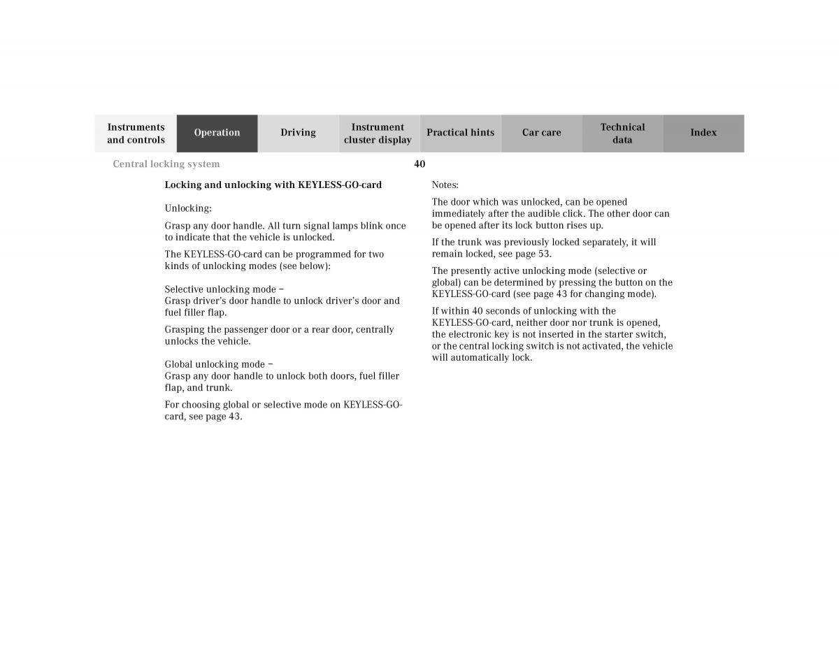 Mercedes Benz S Class W220 owners manual / page 43