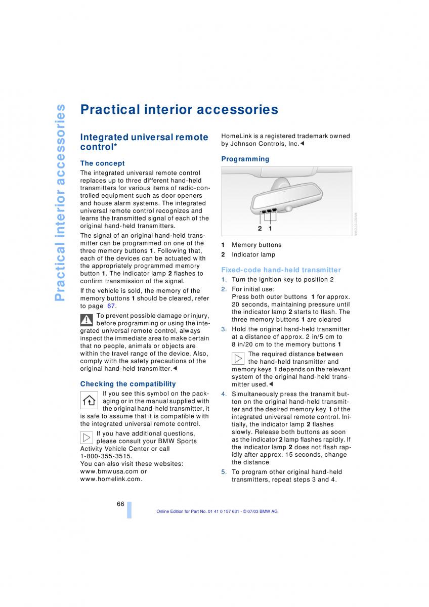 BMW X3 E83 owners manual / page 68