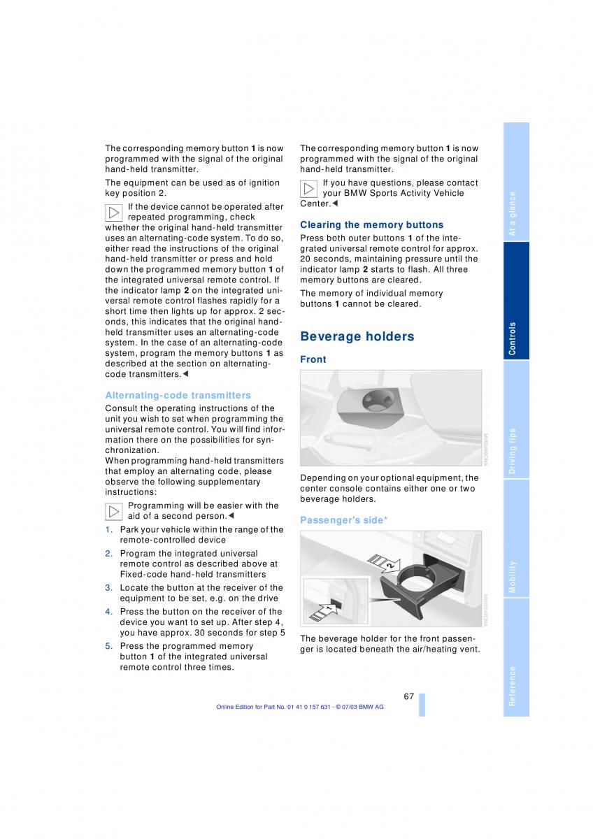 BMW X3 E83 owners manual / page 69