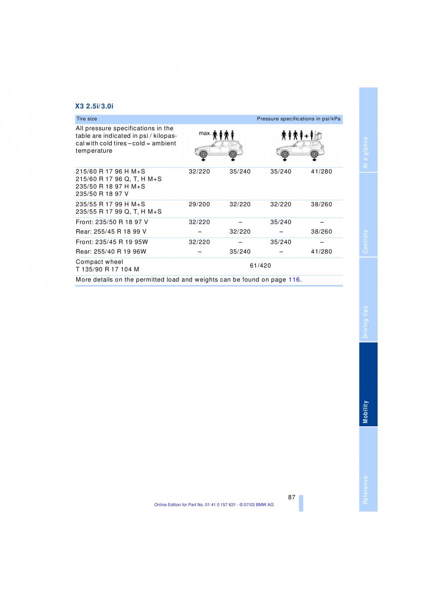 BMW X3 E83 owners manual / page 89