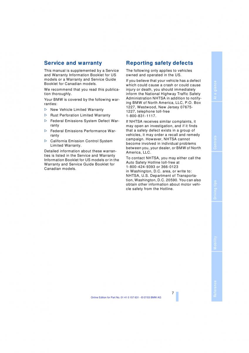 BMW X3 E83 owners manual / page 9