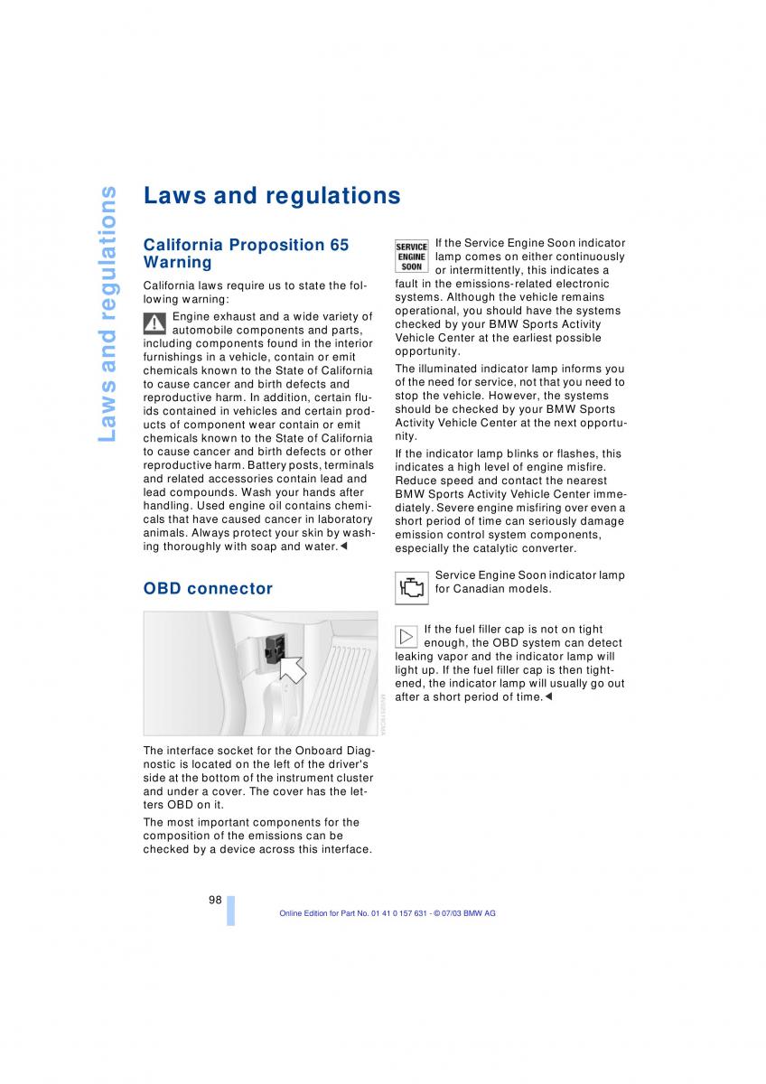 BMW X3 E83 owners manual / page 100