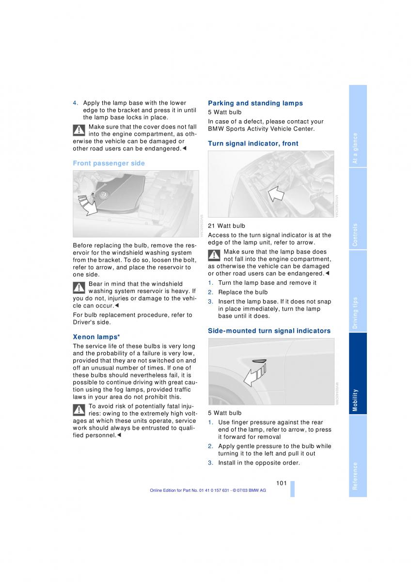 BMW X3 E83 owners manual / page 103