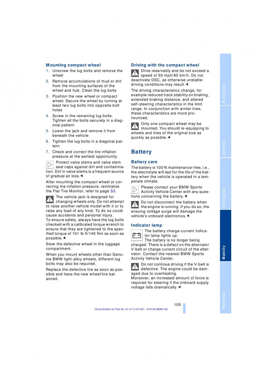 BMW X3 E83 owners manual / page 107