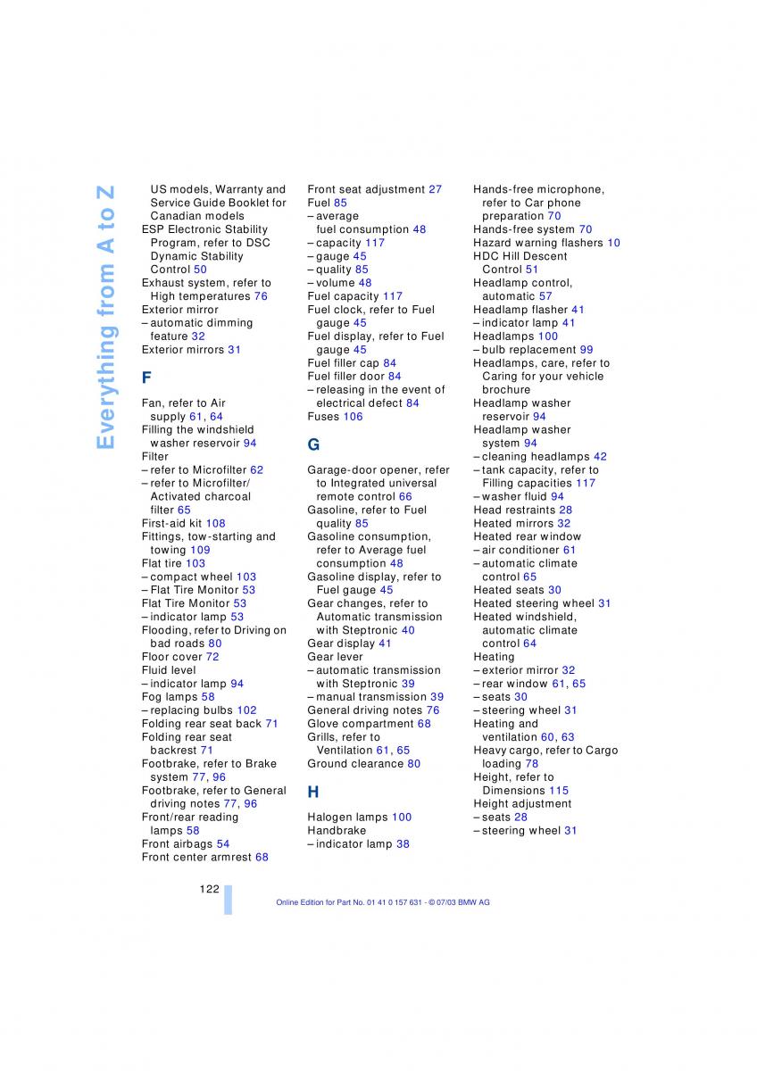 BMW X3 E83 owners manual / page 124