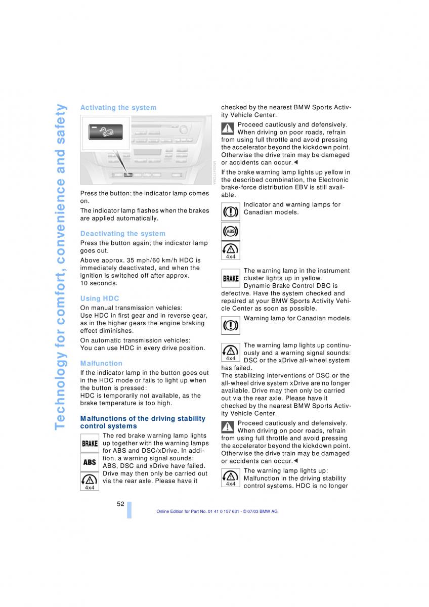 BMW X3 E83 owners manual / page 54